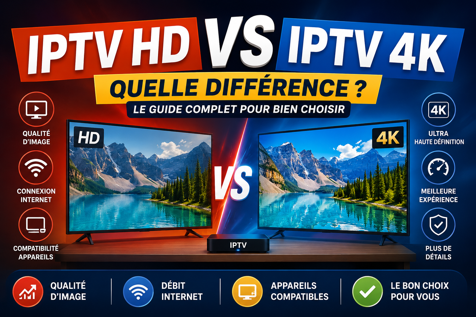 IPTV HD ou IPTV 4K ? Découvrez les vraies différences entre les deux qualités, la connexion nécessaire et laquelle choisir selon votre TV et votre utilisation.